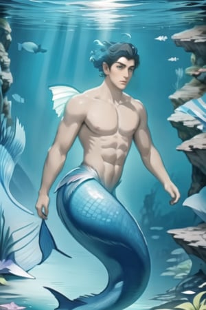 ((best quality)), ((masterpiece)), (detailed),  ((perfect face)), male, mermen are swimming, merfolks, lean and muscular body, Long finned ears, fins, tail glows slightly with luminous scales, mermaid tail, bioluminescent, markings along his body,watercolor,perfect light, wonderful background,,<lora:659111690174031528:1.0>