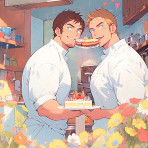 two men (two male), the one man has dark brown (dark hair) long hair, the other man character has short blond hair, blue eyes, they are eating cake, comfortable kitchen, motning, light color predominates, mature, handsome, 
 charming, alluring, affectionate eyes, lookat viewer, (perfect anatomy), perfect proportions, best quality, masterpiece, high_resolution, Dutch angle, cowboy shot, kitchen background, simple colors, ,cartoon