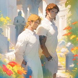 two men characters of the same height, two male, 1man and 1man are near each other, one man has dark brown long hair, the man character has short blond hair, blue eyes, clothing toga, mature, handsome, muscule, mature, muscular, beefy, masculine, charming, alluring,  affectionate eyes, lookat viewer, (perfect anatomy), perfect proportions, best quality, in the garden of statues, gray  colours, colours of stones, in the evening, they are surrounded by the ruined remains of stone fences, next to them there is a beautiful marble white antique sculpture, dark evening lighting, masterpiece, high_resolution, dutch angle, cowboy shot, garden of statues background, watercolor,comic book, linear, background of muted colors monochrome