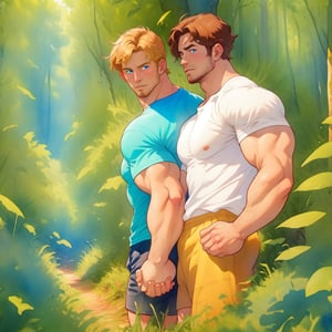 two men characters of the same height, two male, 1man and 1man are hold hands each other, one character has dark hair, the second character has short blond hair, blue eyes, t-shirt, shorts, mature, handsome, muscule, mature, muscular, beefy, masculine, charming, alluring,  affectionate eyes, lookat viewer, (perfect anatomy), perfect proportions, best quality, masterpiece, high_resolution, dutch angle, cowboy shot, forest background, watercolor,Granat