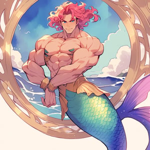 mermaid men are swimming in blue water, mature, handsome, muscle, beefy, masculine, charming, alluring, affectionate eyes, lookat viewer, (perfect anatomy), perfect proportions, best quality, masterpiece, high_resolution, Dutch angle, cowboy shot, watercolor,muscular_female, art nouveau,EXMU