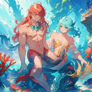 ((best quality)), ((masterpiece)), (detailed), ((perfect face)), male, broad shouldered men, european handsome faces, ((two mermen)), two cheerful mermen are swimming, full bodies, adult, long hair, lean and huge muscular body, finned ears, fins, tail glows slightly with luminous scales, very long mermaid tails, bioluminescent, markings along his body, bright saturated watercolor, multicolor, coloring in anime style, interesting seascape, fish, corals, beautiful turquoise clear water, light penetrating through the water, perfect light,watercolor