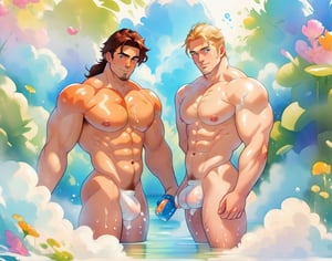 two men (two male), the one man has dark brown (dark hair) long hair, the other man character has short blond hair, blue eyes, they are in the bath in the water, there is foam on the water and there is a lot of foam around, rainbow soap bubbles are flying, white color predominates, no clothing, mature, handsome, muscle, mature, muscular , beefy, masculine, charming, alluring, affectionate eyes, lookat viewer, (perfect anatomy), perfect proportions, best quality, in the bathroom, in the morning, they are surrounded by soap foam, masterpiece, high_resolution, Dutch angle, cowboy shot, bathroom background,cloudstick,watercolor