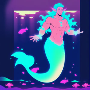 ((best quality)), ((masterpiece)), (detailed), ((perfect face)), male, broad shouldered men, european handsome faces, ((two mermen)), two cheerful mermen are swimming, two merfolks, full bodies, adult, long hair, lean and huge muscular body, finned ears, fins, tail glows slightly with luminous scales, very long mermaid tails, bioluminescent, markings along his body, bright saturated, multicolor, coloring in anime style, interesting seascape, fish, corals, beautiful turquoise clear water, light penetrating through the water, perfect light,,,<lora:659095807385103906:1.0>