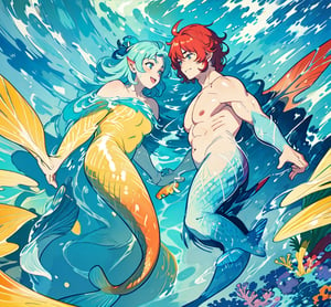 ((best quality)), ((masterpiece)), (detailed), ((perfect face)), male, broad shouldered men, ((two mermen)), two cheerful mermen are swimming, full bodies, adult, lean and huge muscular body, finned ears, fins, very long mermaid tails, bright saturated watercolor, multicolor, coloring in anime style, interesting seascape, fish, corals, beautiful turquoise clear water,<lora:659111690174031528:1.0>