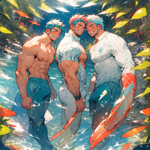 ((best quality)), ((masterpiece)), (detailed), ((perfect face)), male, full bodies, broad shouldered men, european handsome face, two cheerful mermen are swimming, adult, lean and muscular body, finned ears, fins, tail glows slightly with luminous scales, very long mermaid tails, bioluminescent, markings along his body,watercolor, multicolor, perfect light