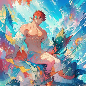 ((best quality)), ((masterpiece)), (detailed), ((perfect face)), male, broad shouldered men, european handsome faces, ((two mermen)), two cheerful mermen are swimming, full bodies, adult, long hair, lean and huge muscular body, finned ears, fins, tail glows slightly with luminous scales, very long mermaid tails, bioluminescent, markings along his body, bright saturated watercolor, multicolor, coloring in anime style, interesting seascape, fish, corals, beautiful turquoise clear water, light penetrating through the water, perfect light,watercolor