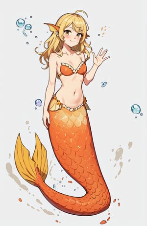 1girl, solo, long hair, breasts, looking at viewer, blush, smile, bangs, blonde hair, simple background, white background, navel, closed mouth, collarbone, full body, ahoge, small breasts, yellow hair, hand up, grey background, monster girl, bubble, underwater, waving, air bubble, mermaid, head fins, pointy_ears, fin_ears, shell, seashell, shell bikini