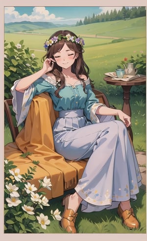 1girl, solo, long hair, blush, smile, skirt, brown hair, dress, holding, sitting, collarbone, full body, closed eyes, flower, outdoors, sky,  gold shoes, day, silk_skirt, cloud, wide sleeves, tree, chair, grass, flowers, side table, head wreath, curly hair, cottagecore, retro artstyle, traditional media, watercolor