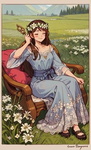 1girl, solo, long hair, smile, brown hair, hair ornament, dress, holding, sitting, closed eyes, flower, hair flower, grass, wand, head wreath,retro artstyle, meadow background, chair, pillow, white lilies, blue sash, lace on dress