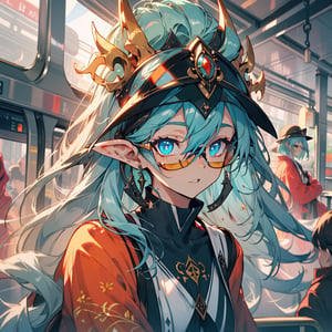 Night, Elvish Royal queen, Sitting Inside A train, Holding Tea, Golden Crown, ((Masterpiece, Best Quality)), Green clothing, Populated Town in Train Window, Electric wires, Japanese style houses, Mixed Blue and Green hair, ((Wearing Sun Glasses)), (Orange and blue Eyes each), ,shaded face, next to spa, AGGA_ST017, Beautiful Eyes And, Detailed face,SharpEyess