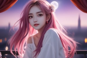 (masterpiece:1.331), best quality, illustration, (1girl), (deep pink hair:1.331), (wavy hair:1.21),(disheveled hair:1.331), messy hair, long bangs, hairs between eyes,(white hair:1.331), multicolored hair,(white bloomers:1.46),(open clothes), beautiful detailed eyes,purple|red eyes), smile expressionless 😀, sitting, dark background, moonlight, ,flower_petals,city,full_moon,
