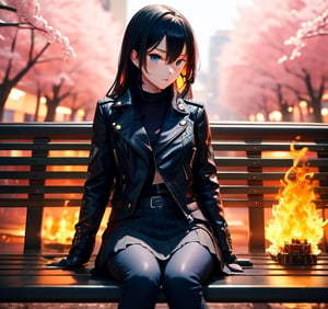best quality, ultra details, In Tokyo, Japan, a high school girl with black long hair and crystal blue eye sits on a park bench watching cherry blossoms drift by.,ghostrider