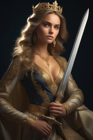 A stunning portrait of a regal woman, set against a rich, dark background. Soft, golden lighting wraps around her, accentuating the intricate details on her elegant attire. She stands confidently, one hand resting on the hilt of a ornate sword, while the other cradles a majestic crown. Her piercing eyes gleam with authority, framed by luscious locks that cascade down her back like a river of night. The studio's softbox lighting casts a warm glow, highlighting every curve and contour of this exquisite masterpiece.