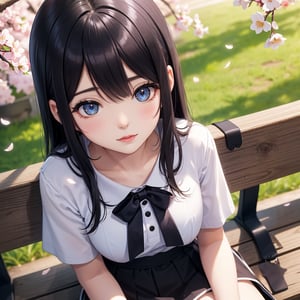 best quality,  ultra details,  solo focus
,  In Tokyo,  Japan,  a high school girl with black long hair and crystal blue eye sits on a park bench watching cherry blossoms drift by
,looking at viewer,  close-up,  from above.