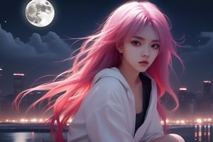 (masterpiece:1.331), best quality, illustration, (1girl), (deep pink hair:1.331), (wavy hair:1.21),(disheveled hair:1.331), messy hair, long bangs, hairs between eyes,(white hair:1.331), multicolored hair,(white bloomers:1.46),(open clothes), beautiful detailed eyes,purple|red eyes), angry expressionless😡, sitting, dark background, moonlight, ,flower_petals,city,full_moon,