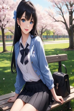 1girl, solo, long hair, breasts, looking at viewer, smile, bangs, blue eyes, skirt, shirt, black hair, long sleeves, bow, jewelry, sitting, school uniform, jacket, white shirt, pleated skirt, earrings, outdoors, parted lips, open clothes, day, collared shirt, miniskirt, bowtie, black skirt, bag, mole, blurry, tree, lips, petals, black bow, buttons, grass, blue jacket, cherry blossoms, school bag, bench
