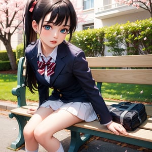 1girl, solo,((full body)),overhead view, long hair, looking at viewer, smile, bangs, blue eyes, skirt, black hair, long sleeves, bow, school uniform, jacket, pleated skirt, outdoors, day, socks, bowtie, tree, black jacket, feet out of frame, one side up, blazer, white skirt, cherry blossoms, bench,Realistic