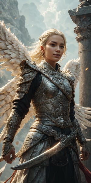 Close up White angel girl,white armor,holding the royal sword,white and blonde hair, emerald eyes, beautiful  Japanese  girl, 18 year old, little smiling, fighting pose, Heavenly background, perfectly detailed on  angel wings, Super detail, character highly detailed, character sheets, Detailed, sharp focus, Super detailed full body, 32k resolution, Only a reality graphic,epic background, skin Type of sculpture, chalk skin,epic pose,holding sword with hand