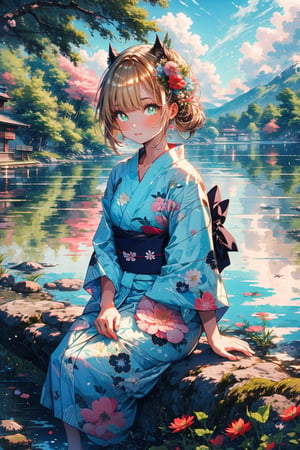 High quality, masterpiece, 1girl, shiny long blond hair in a pnytail, brigth turquoise pupils, a long yukata with images of clouds and flowers, sitting under a tree and overlooking a lake