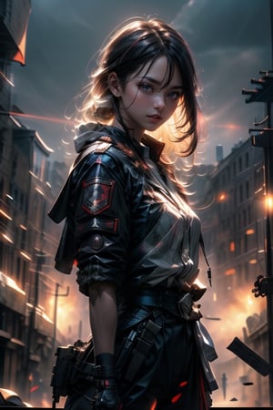 Create an image of a supermodel Japanese brand girl on a battlefield, set in a war that takes place 1000 years in the future, at the end of the world. Turkish  flag,  The scene should be depicted in a dramatic, disturbing, surreal, shocking, and confusing manner. The lighting should be dramatic and epic, emphasizing the stark contrast between the beauty of the supermodel and the horrors of war. The artwork should be of maximum quality, as if captured through a high-end camera, providing a photo-realistic impression. Capture the intricate details of the futuristic battlefield, the supermodel, and the emotional intensity of the scene.