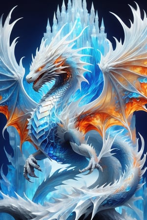 Ultra realistic, fire and ice dragon, white and orange scales, guarding ice castle, bright blue eyes, full body picture, intricate scales, wings expanded,shards,echmrdrgn, menacing, intricate markings on scales, 