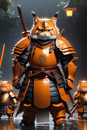 Highly detailed painting, Jean-Baptiste Monge style, a group of large angry orange samurai cats gathered in the rain under samurai armor, splash, glitter, angry and gallant, filigree, lights, ethereal, magic, surreal, fantasy, digital art, ultra hd, hyper-realistic illustration, vibrant colors, UHD, perfect cinematic light, greg rutkowski