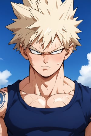 (masterpiece, best quality, high resolution: 1.3), ultra resolution image, 

Short hair, chiseled jaw, muscular build, intense eyes, tattooed arms, naked, without any clothes, marked abs, pectorals, 1 penis, testicles, pubic hair, sweat. Powerful posture, clenched fists, determined look, frown, serious Bakugo