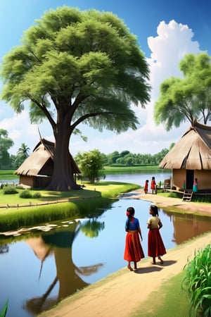 A riverside, with a thatched house and a large rib tree near it. girls and boy are playing. In the back, mom and dad farm...t.(indian style).3D,rha30