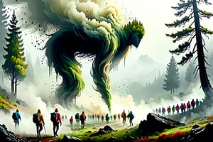 Dense mountain forest.
Refugees, crowds of people disappear into the foggy smoke.
 Heavy rain..
, in the style of Esau Andrews.,DonM3l3m3nt4lXL
