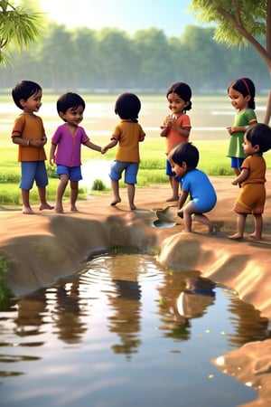 Little boys and girls playing happily on the shore of the pond, with their feet in the mud..t.(indian style).3D,rha30