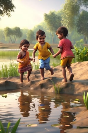 Little boys and girls playing happily on the shore of the pond, with their feet in the mud..t.(indian style).3D,rha30