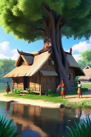 A riverside, with a thatched house and a large rib tree near it. Four girls and one boy are playing. In the back, mom and dad farm...t.(indian style).3D,rha30