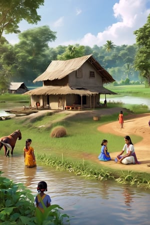A riverside, with a  house. girls and boy are playing. In the back, mom and dad farm...t.(indian style).3D,rha30