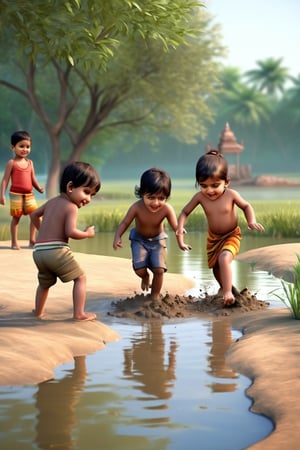 Little boys and girls playing happily on the shore of the pond, with their feet in the mud..t.(indian style).3D,rha30