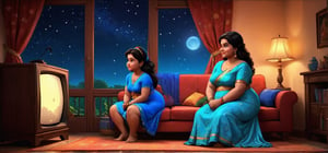  boy watch her 
with (big women sexy dress) in indian family.
(hidden)he tuch her hip. watching tv in night time.
,Apoloniasxmasbox,style,3D,disney pixar style,toon