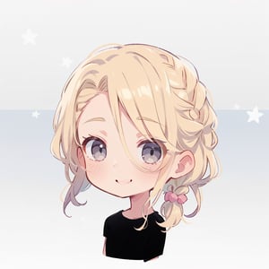 1girl, solo, grey eyes, blonde hair, shirt, hair ornament, braid, smile, pink scrunchi, chibi, black shirt, french_braid, curly_hair, eye covered with hair