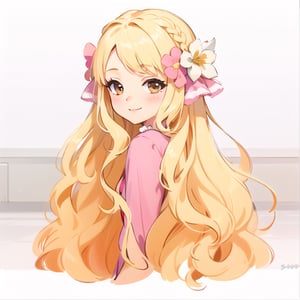 1girl, solo, long hair, smile, blonde hair, hair ornament, dress, bow, ribbon, brown eyes, very long hair, braid, flower, hair bow, hair flower, wavy hair, pink dress, curly bangs, hair covering body