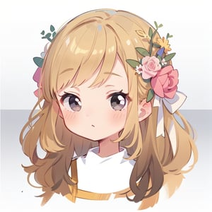 1girl, solo, long hair, looking at viewer, bangs, platinum blonde hair, blond hair, hair ornament, ribbon, closed mouth, hair ribbon, flower, hair flower, black eyes, rose, portrait, pink flower, cropped torso, black eyes, curly hair