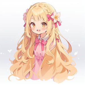 1girl, solo, long hair, smile, blonde hair, hair ornament, dress, bow, ribbon, brown eyes, very long hair, braid, flower, hair bow, hair flower, wavy hair, pink dress, curly bangs, hair covering body