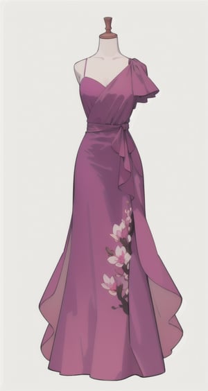 no humans, solo, simple background, white background, dress, bare shoulders, standing, fuchsia dress, long dress, mannequin, magnolia, gown with cape, ruffles