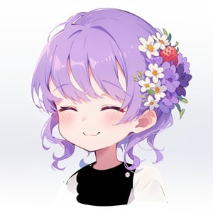 1girl, solo, smile, hair_accessories, hair pulled back, curly_hair, closed eyes, purple hair, flower, food, hair flower, :3, fruit, strawberry