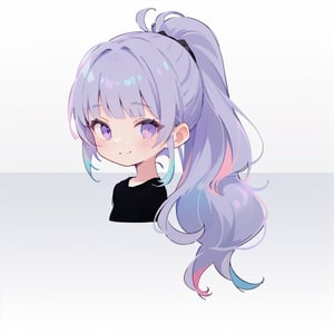 1girl, solo, long hair, looking at viewer, smile, bangs, simple background, shirt, white background, purple eyes, upper body, ponytail, black shirt, blunt bangs, multicolored_hair, silver hair, transparent_hair, pink hair, lilac hair, grey hair, side tails, blue hair, bust