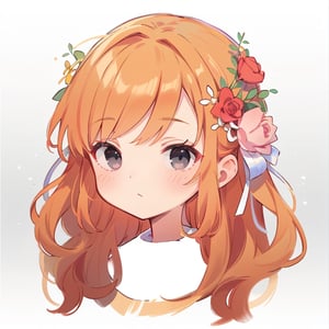 1girl, solo, long hair, looking at viewer, bangs, red hair, redhead, hair ornament, ribbon, closed mouth, hair ribbon, flower, hair flower, black eyes, rose, portrait, pink flower, cropped torso, black eyes, curly hair