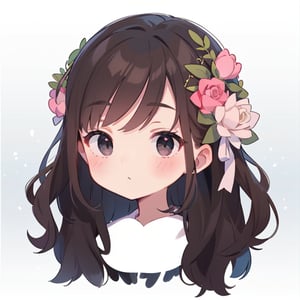 1girl, solo, long hair, looking at viewer, bangs, brown hair, black hair, hair ornament, ribbon, closed mouth, hair ribbon, flower, hair flower, black eyes, rose, portrait, pink flower, cropped torso, black eyes, curly hair