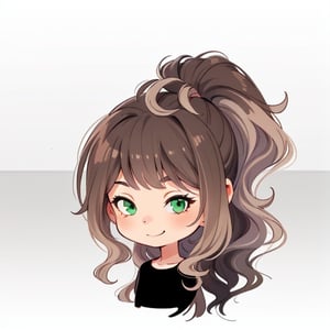 1girl, solo, long hair, looking at viewer, small smile, bangs, simple background, brown hair, shirt, white background, green eyes, upper body, ponytail, grey background, black shirt, messy hair, sloppy ponytail