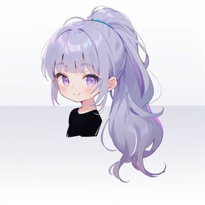 1girl, solo, long hair, looking at viewer, smile, bangs, simple background, shirt, white background, purple eyes, upper body, ponytail, black shirt, blunt bangs, multicolored_hair, silver hair, transparent_hair, lilac hair, grey hair, side tails, blue hair, bust