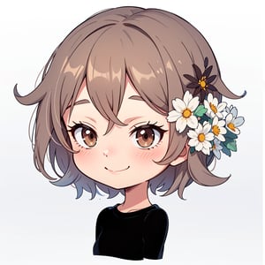 1girl, solo, smile, short hair, simple background, shirt, hair ornament, brown eyes, closed mouth, upper body, flower, light brown hair, hair flower, black shirt, white flower