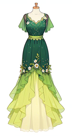 no humans, solo, simple background, white background, dress, standing, yellow dress, long dress, mannequin, green dress, multicolor_gown, daisies, sparkles, flowers, leaves, sheer_sleeves, fairy_dress