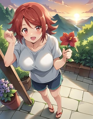 score_9, score_8_up, score_7_up, score_6_up, source_anime, 1girl, solo, retto enjou, red hair, solo, short hair, red eyes, large breasts, oversized shirt, shorts, sandals, holding flower, happy, blush, sunset, cliff, garden, from above